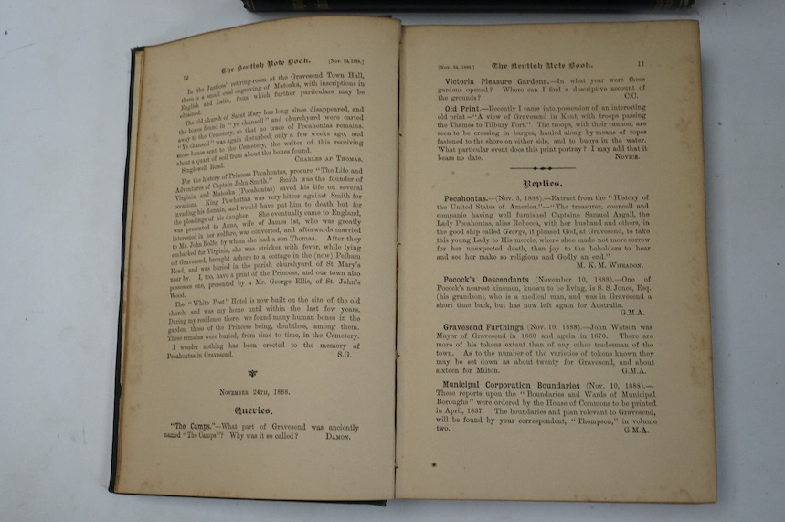 Howell, George Owen - The Kentish Note Book: a half-yearly magazine of notes, queries, and replies ... 2 vols. frontispieces; original gilt cloth. Gravesend & Plumstead, 1891-94; Leeds, C.S. - Chats About Gillingham ...